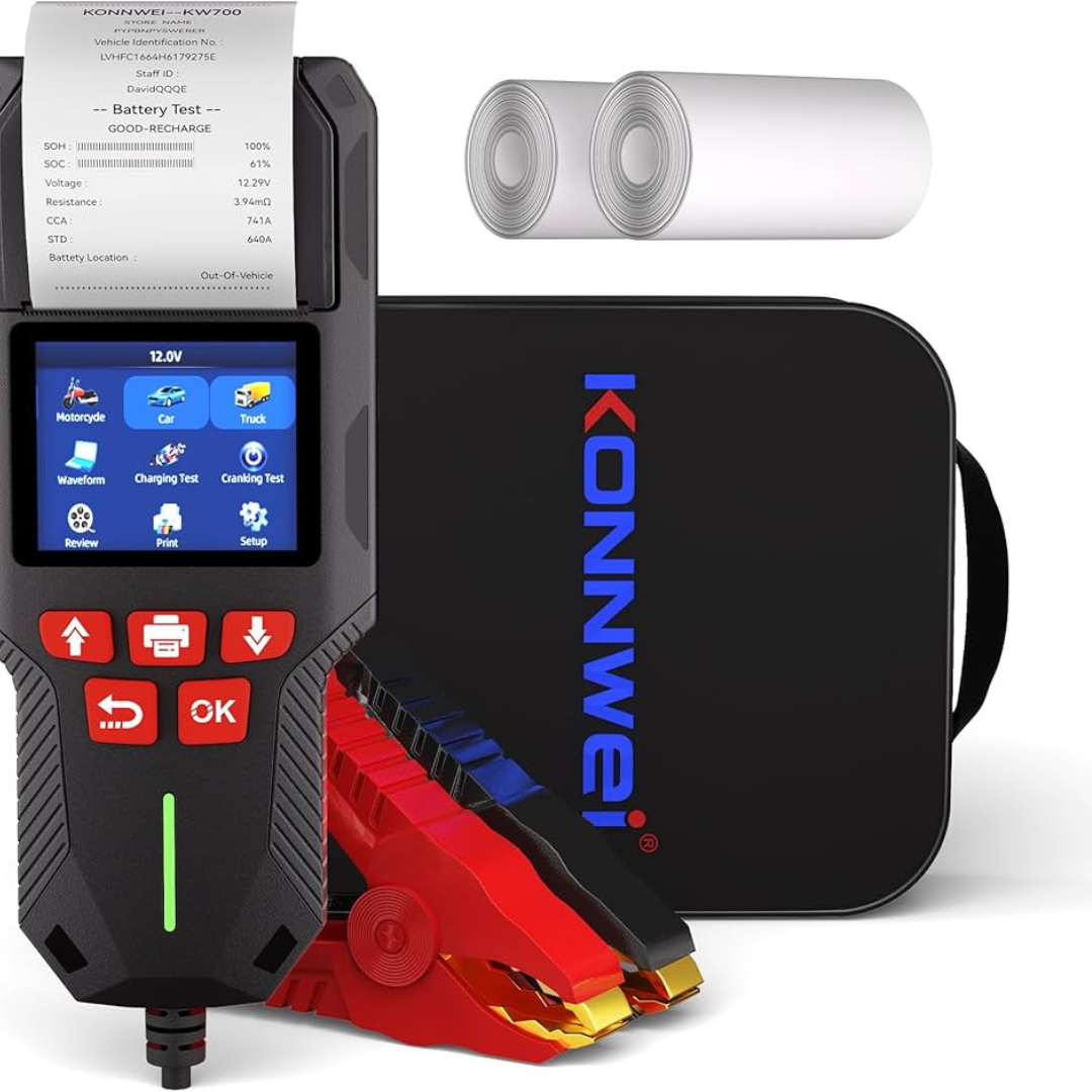 Person using KONNWEI KW700 DIN66 battery tester with built-in printer to check vehicle battery health in India