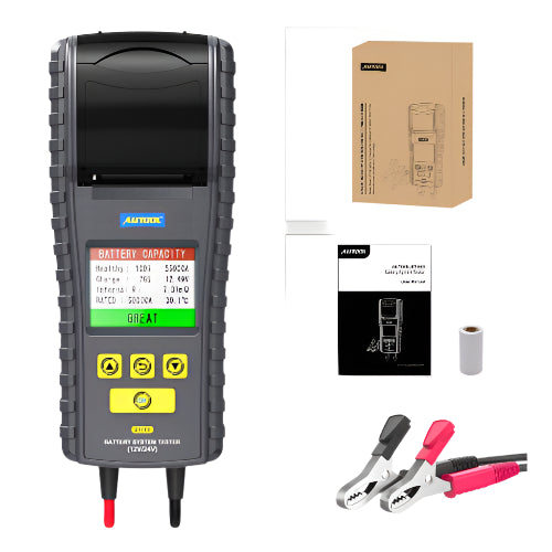 AUTOOL BT860 battery tester printer in use at an Indian auto workshop, testing 12V AGM battery and printing diagnostic report