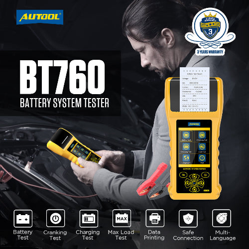 Yellow autool bt760 battery tester with digital display and red leads best 12v 24v load tester with printer india