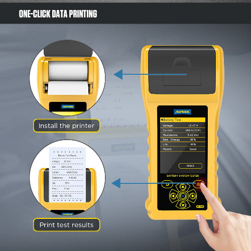 Yellow and black Autool BT760 battery tester with digital display showing 12V and 24V load test results with printer