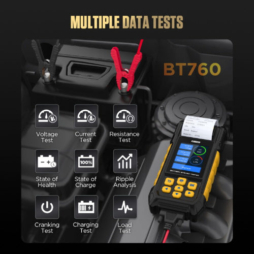 Mechanic using Autool BT760 battery charge checker to test a vehicle battery at an Indian auto repair shop