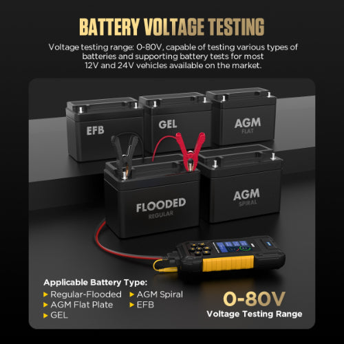 Black AUTOOL BT960 lead-acid and lithium battery tester with yellow accents and digital display with printer function