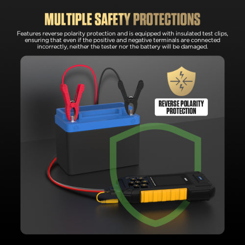 Autool bt960 portable black and yellow battery tester with insulated clips for reverse polarity protection