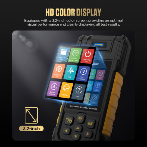 Autool bt960 black and yellow rugged lead-acid and lithium battery tester with 3.2 inch hd color display and printer