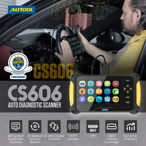 Yellow and black AUTOOL CS606 OBD2 scanner with touchscreen displaying colorful app icons for professional diagnostics