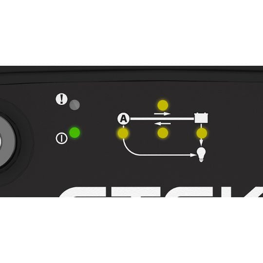 Black CTEK SmartPass 120 electronic device with green and yellow indicator lights and circuit connection diagram for dual battery management