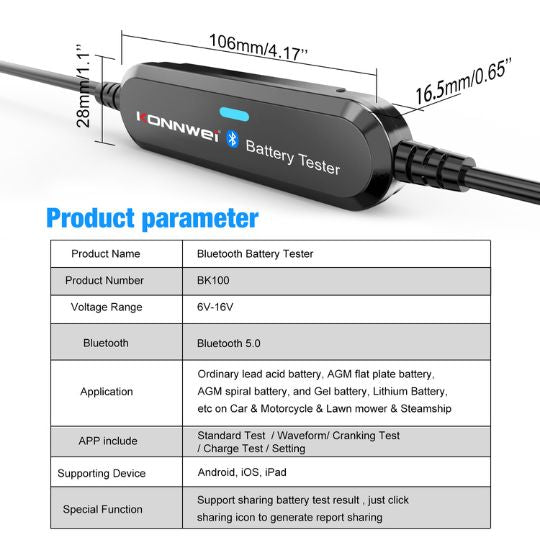 Konnwei BK100 Bluetooth Battery Tester Product specs