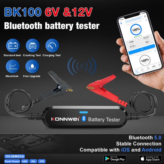 Konnwei BK100 Bluetooth Battery Tester with mobile app screen