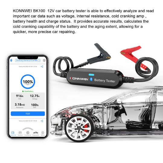 Black konnwei bk100 12v car battery tester with red and black clamps for precise wireless automotive diagnostics