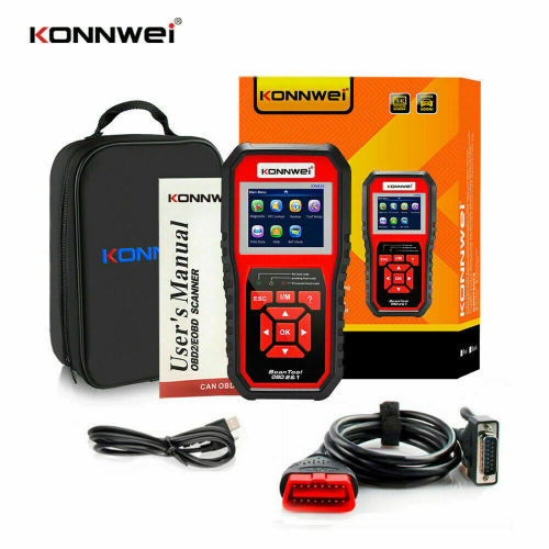 Konnwei KW850 OBD2 car diagnostic scanner held in hand showing compact size, compatible with all cars in India