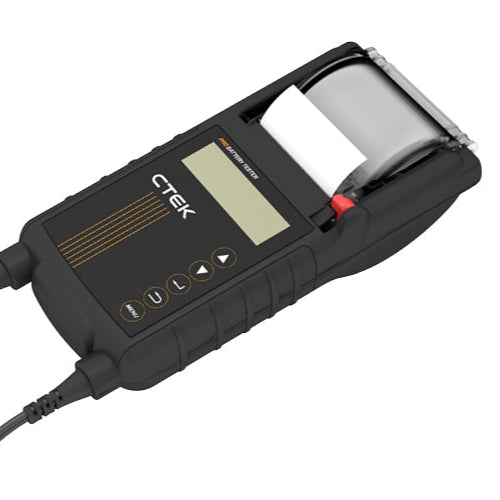 CTEK Pro 12V battery tester detail shot showing diagnostic display for AGM, EFB and lead-acid batteries