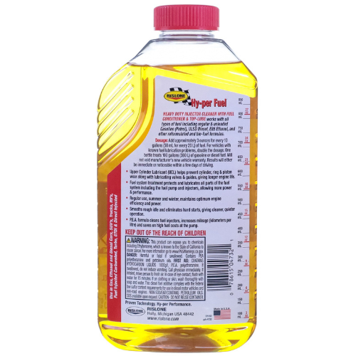 Rislone yellow liquid fuel additive bottle with red and white label in a clear plastic container 950ml for heavy duty use