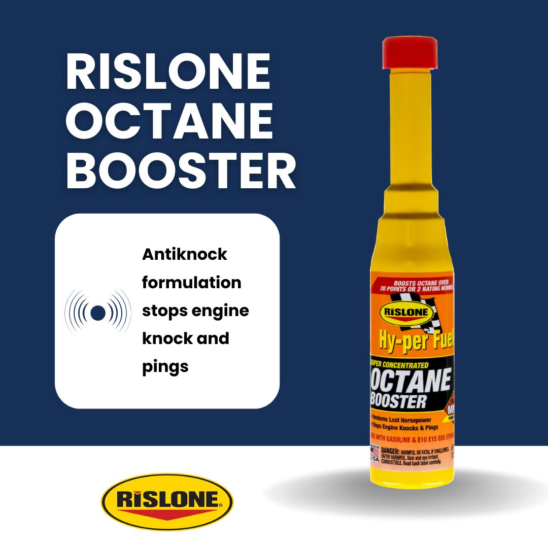 Rislone Octane Booster bottle with product details on a blue background