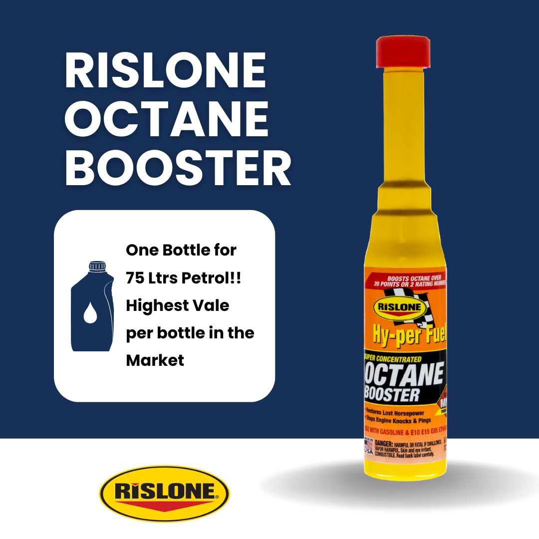 Rislone Octane Booster bottle with promotional text on a blue background