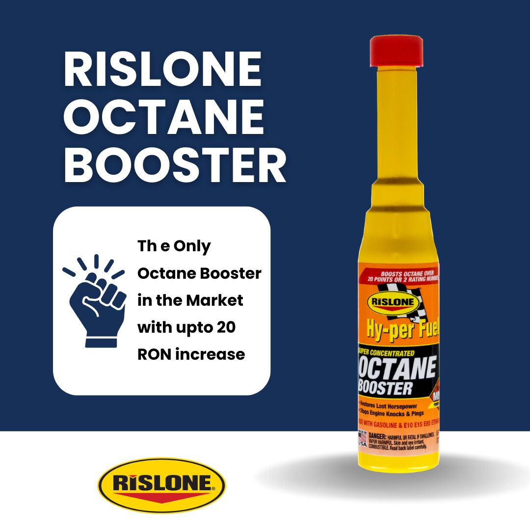 Rislone Octane Booster bottle with promotional text on a blue background