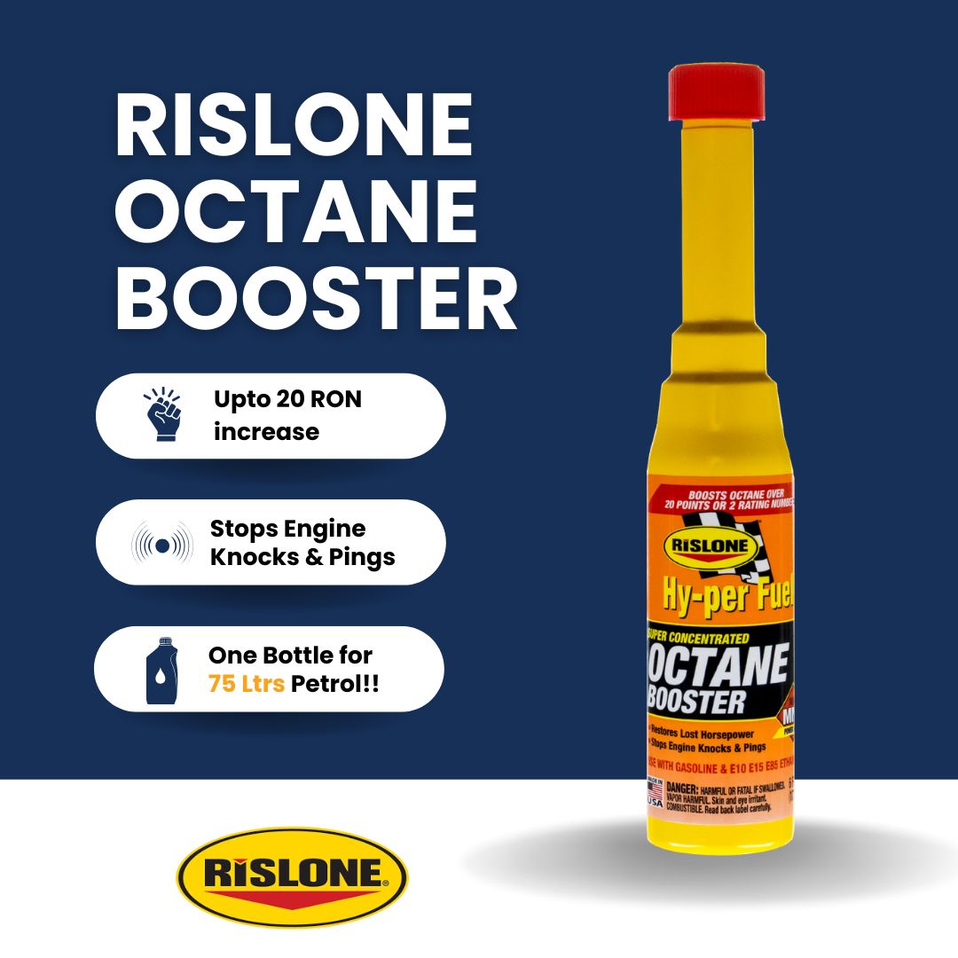 Rislone Octane Booster bottle with benefits on a blue background