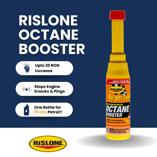 Rislone Octane Booster bottle with benefits on a blue background
