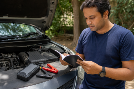 Generic cordless lithium jump starter with disconnected safety clamps beside an open car bonnet while the owner checks the manual
