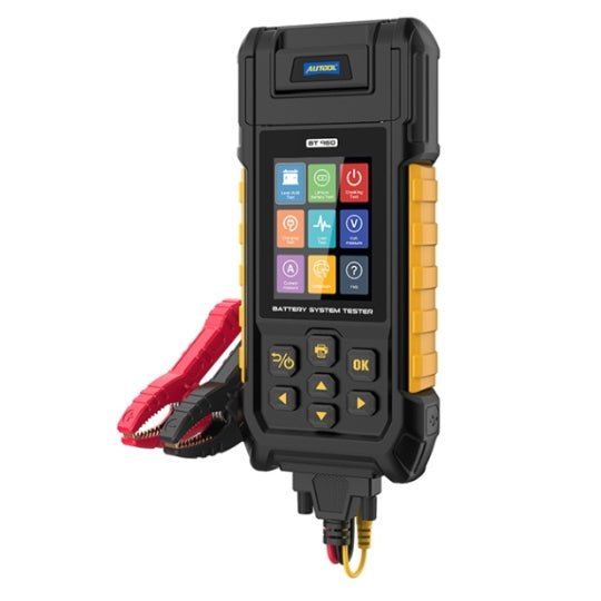 AUTOOL BT960 battery tester displaying CCA and State of Health readings on a 12V AGM car battery