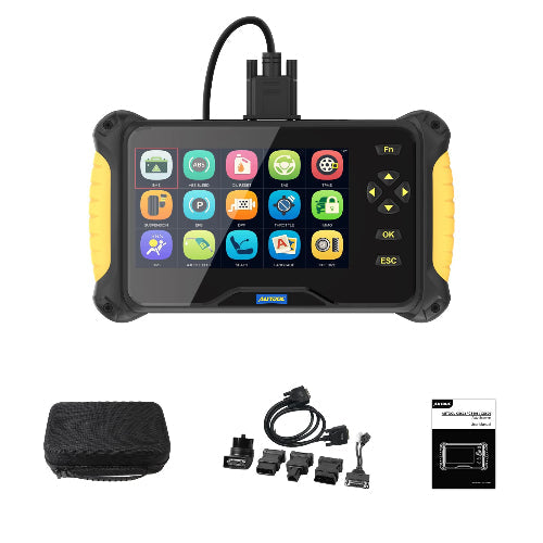 Autool CS606 OBD2 scanner plugged into car diagnostic port showing live engine fault code on colour screen