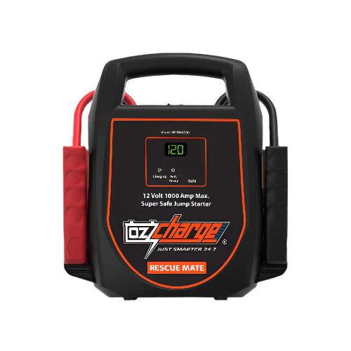 OzCharge RM 1000 – 1000A Supercapacitor Jump Starter with no internal battery, shown with heavy-duty clamps and compact unit body
