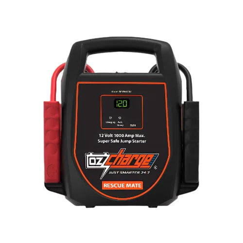OzCharge RM 1000 – 1000A Supercapacitor Jump Starter with no internal battery, shown with heavy-duty clamps and compact unit body
