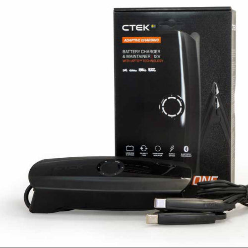 Black CTEK 12v battery charger and maintainer with sleek glossy finish for reliable vehicle battery charging