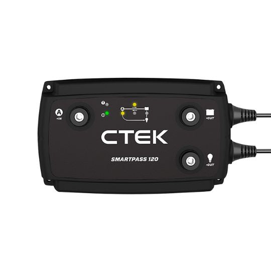 Black ctek smartpass 120 battery charger with sleek rectangular design and multiple ports for dual battery management