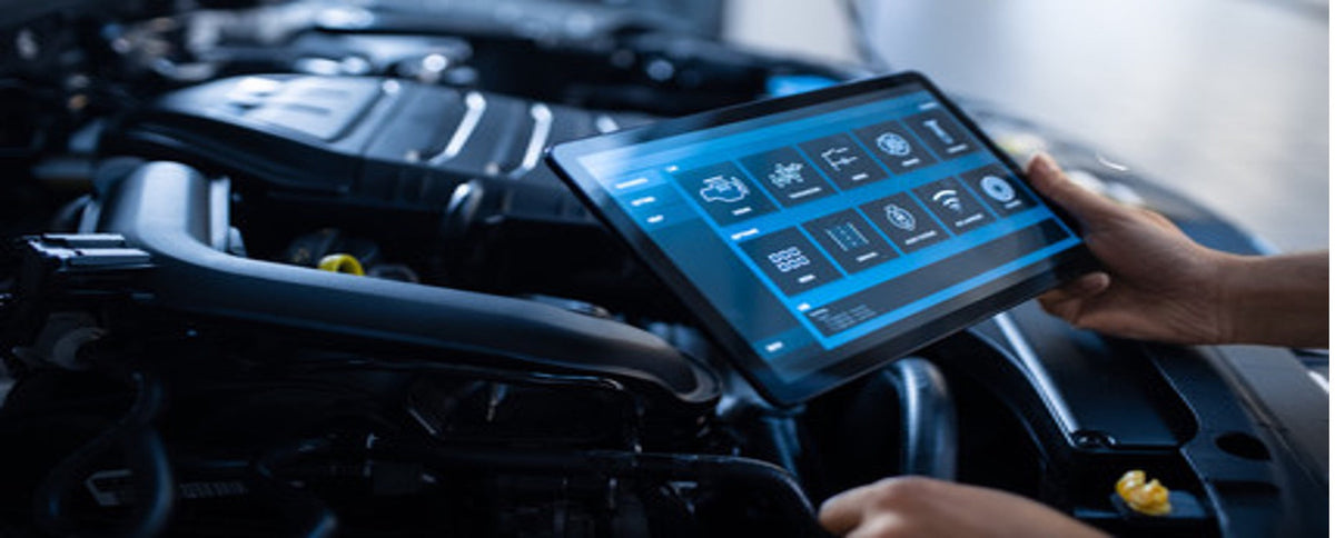 Black tablet with sleek modern design displaying automotive diagnostic interface for smart vehicle diagnostics