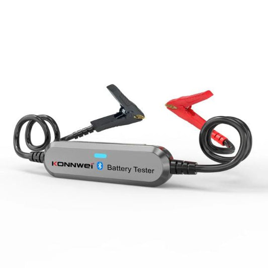 Konnwei BK100 Bluetooth car battery tester connected to a car battery, displaying SOH and CCA readings on a smartphone app