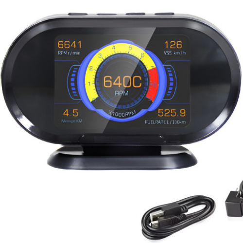 Konnwei KW206 OBD2 scanner with HUD display mode, plugged into a car's OBD2 port, showing live engine fault code data on screen