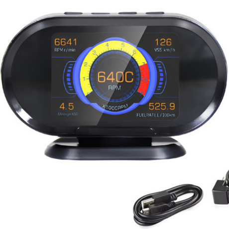 Konnwei KW206 OBD2 scanner with HUD display mode, plugged into a car's OBD2 port, showing live engine fault code data on screen