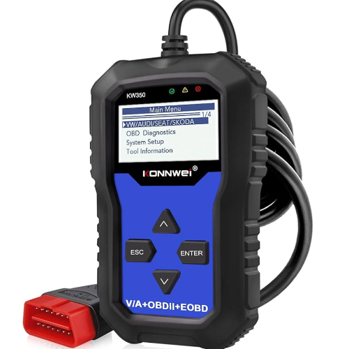 Indian car owner crouching beside a Tata Nexon in a Mumbai apartment parking lot, plugging a Konnwei KW350 OBD2 scanner into the dashboard port while checking the code on the scanner's screen