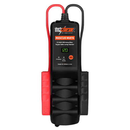 OzCharge RescueMate 500 batteryless 500A supercapacitor jump starter, compact black unit with jumper clamps