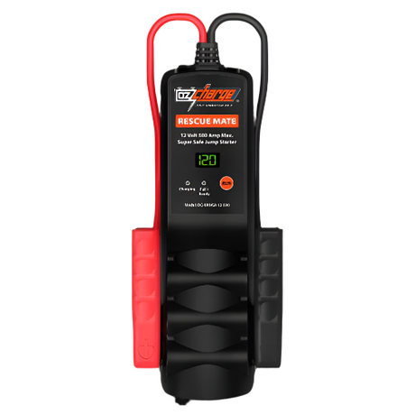 OzCharge RescueMate 500 batteryless 500A supercapacitor jump starter, compact black unit with jumper clamps