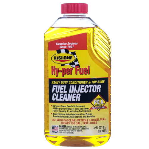 Rislone Hy-per Fuel Heavy Duty Conditioner & Top Lube Fuel Injector Cleaner 950ml bottle on a workshop bench