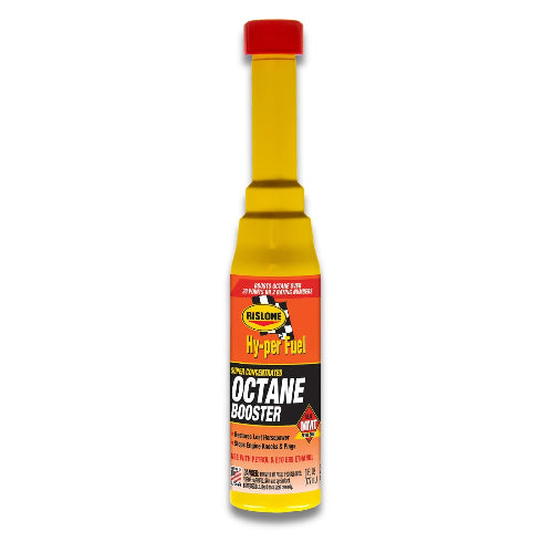 Rislone Hy-Per Fuel Octane Booster bottle — raises petrol RON rating by up to 4 points for turbocharged and high-compression engines