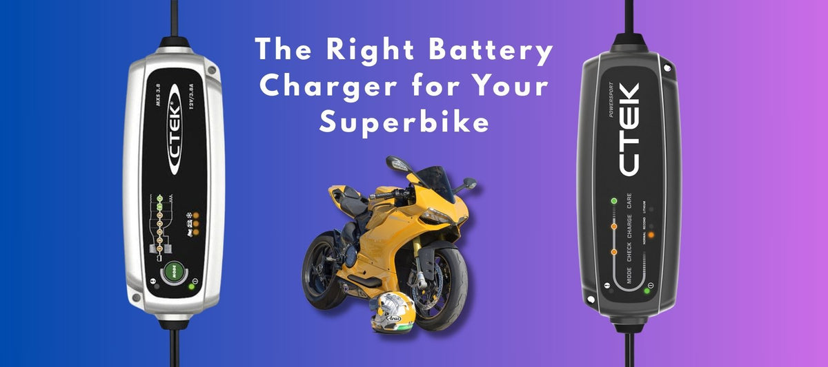 Silver and black ctek battery charger with digital display and indicator lights for superbike battery charging in India