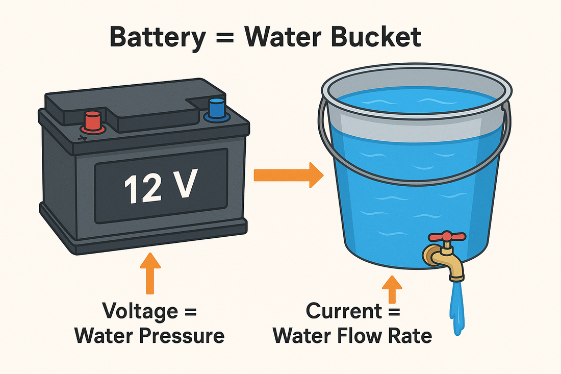 A 12-volt black battery with red and blue terminals illustrated as a water bucket for easy 12v battery care education