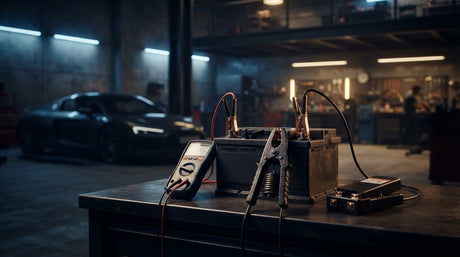 Black car battery with copper terminals and attached jumper cables used for battery test meters comparison article