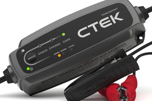 CTEK CT5 PowerSport 12V smart battery charger for superbikes and powersport vehicles, compact yellow and black unit