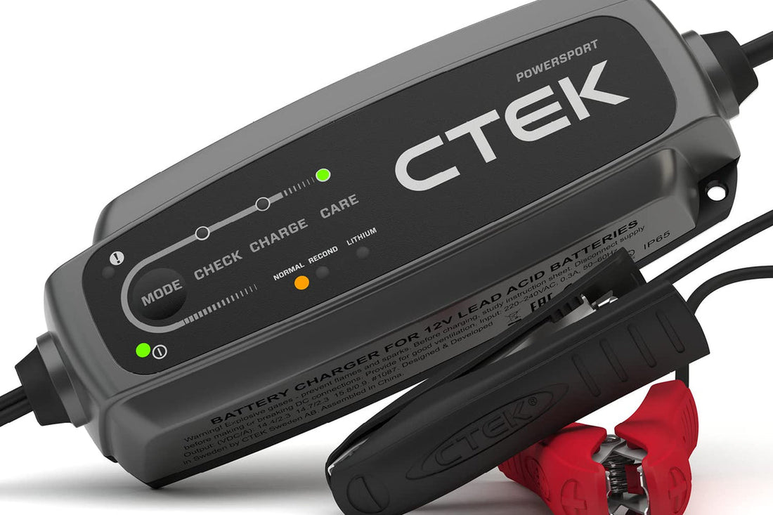 CTEK CT5 PowerSport 12V smart battery charger for superbikes and powersport vehicles, compact yellow and black unit