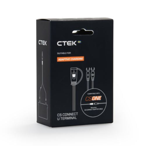 Black ctek cs connect u terminal cable packaging box with white and orange text for professional battery chargers