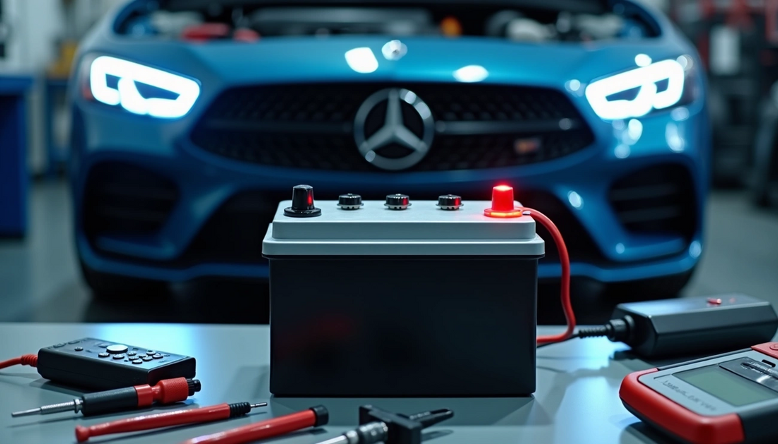 Black and gray car battery with red indicator light and cable in front of a blue mercedes-benz for proper maintenance