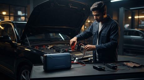 Blue portable car jump starter with red clamps and black cables for easy vehicle battery charging in india
