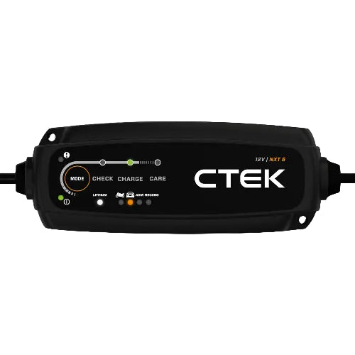 Black ctek 12v nxt s battery charger with digital display and indicator lights for car and bike batteries