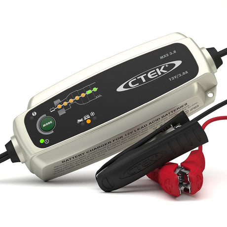 Ctek mxs 3.8 silver and black battery charger with green lights and red black clamps for 12v lead acid batteries