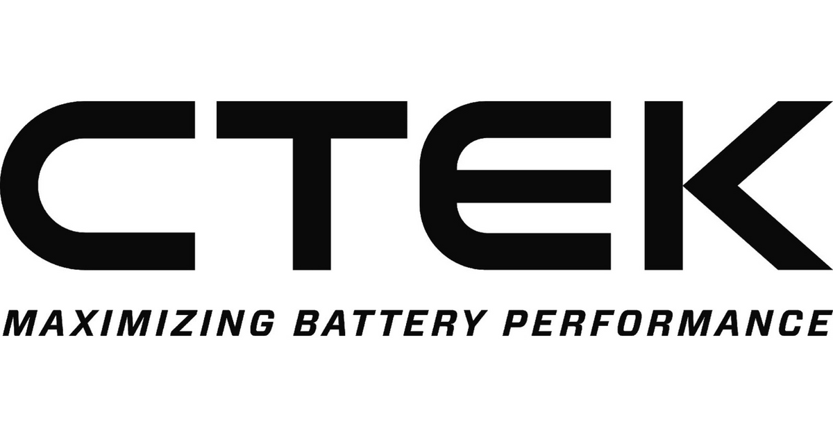 Black ctek logo with bold, modern lettering and the tagline ’maximizing battery performance’ beneath it.
