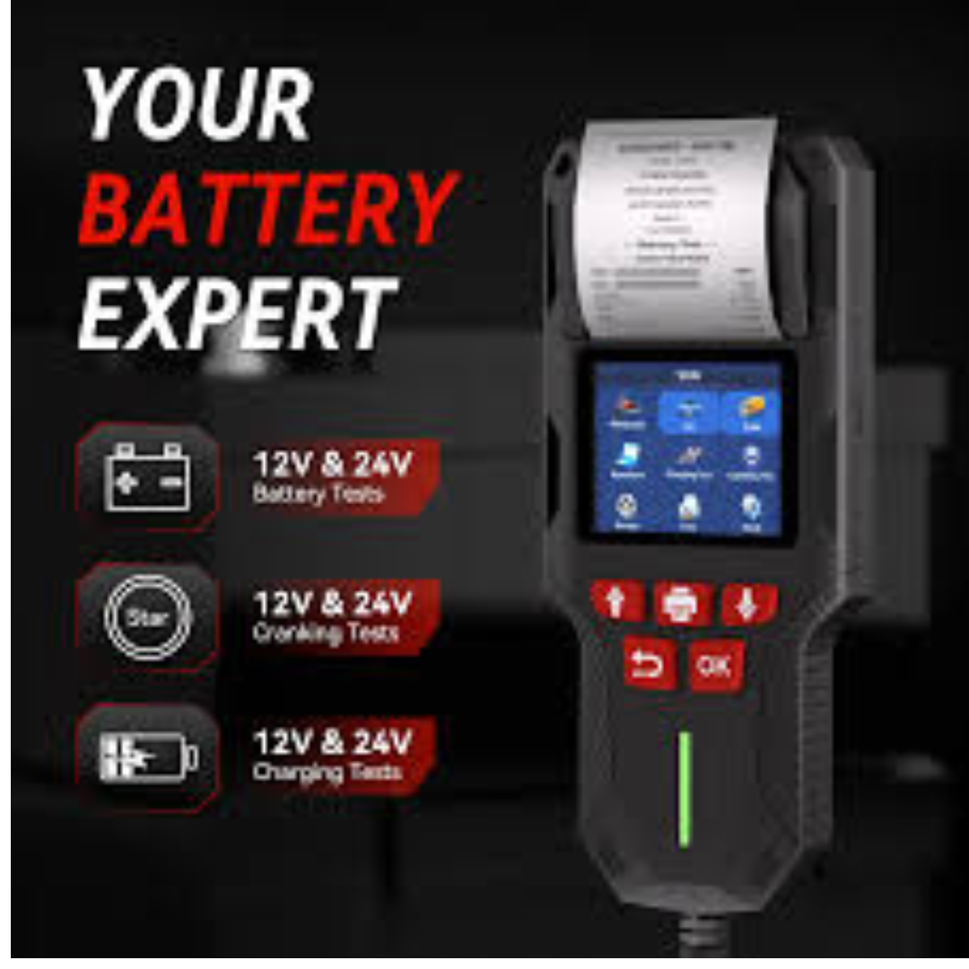 Black konnwei kw700 handheld 12v 24v battery tester with touchscreen and printed test results on receipt paper