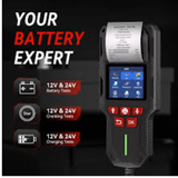 Black konnwei kw700 handheld 12v 24v battery tester with touchscreen and printed test results on receipt paper